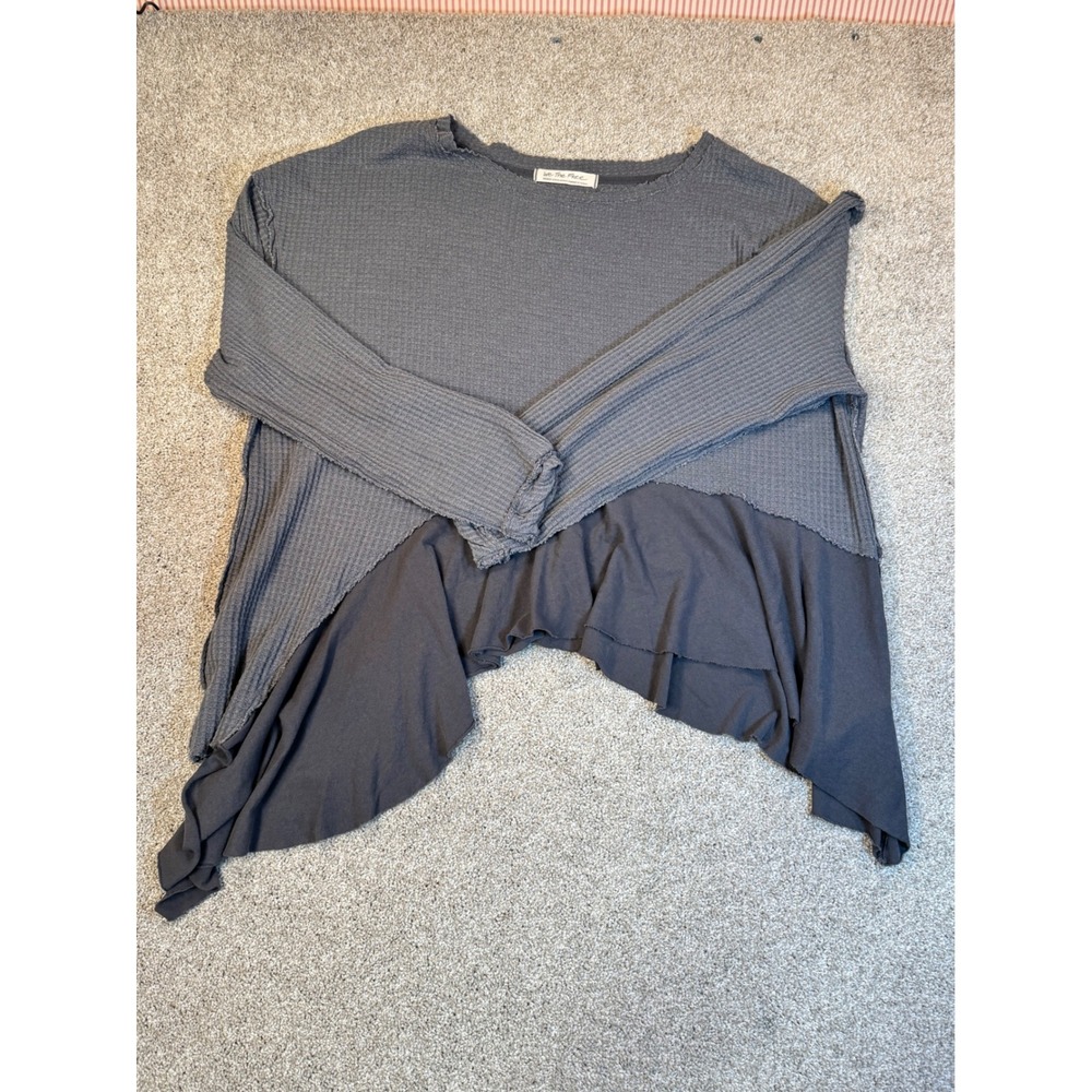 We The Free Free People Gray Waffle Knit Ruffle Asymmetrical Thermal Top Medium